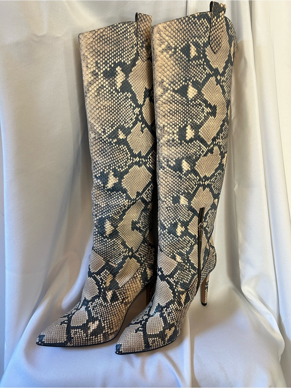 Vince Camuto Beige and grey Snake-Print -Knee Stiletto Boots